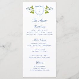 Blaue Florale Wappen Hochzeit Menükarte