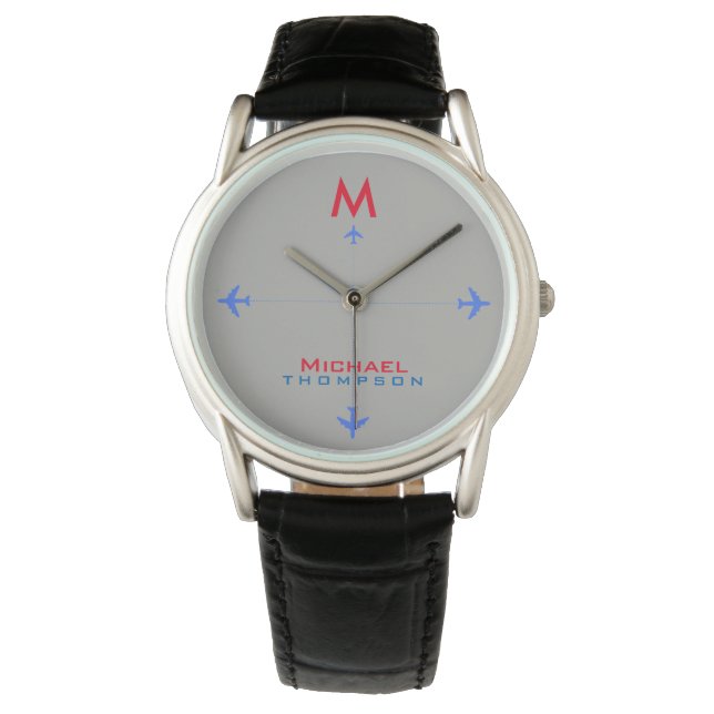 blaue Flugzeuge mit Namen und Startseite, Flugstil Armbanduhr (Vorderseite)