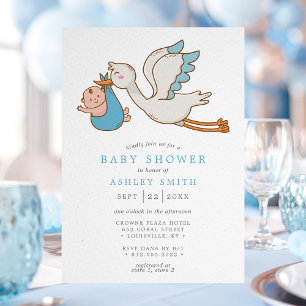Blaue Flying Stork Baby Boy Shower Einladung