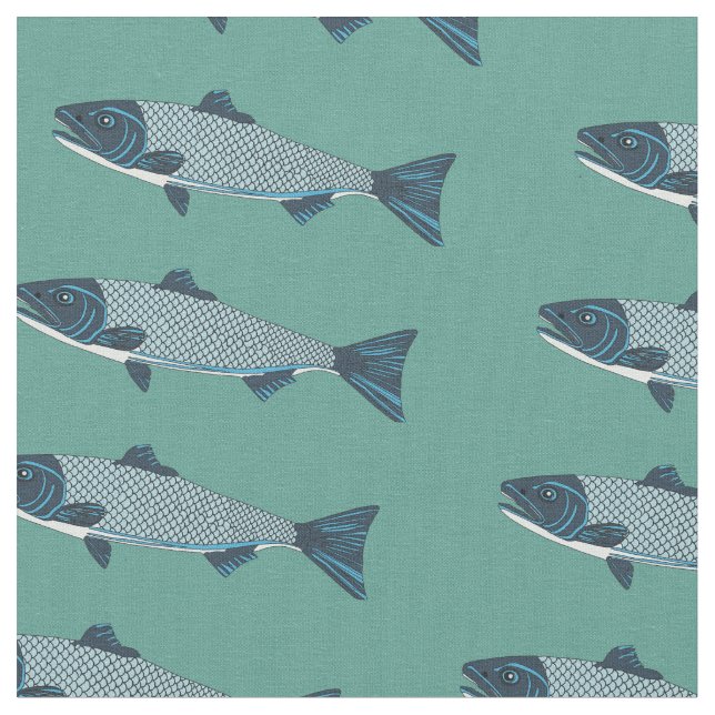 Blaue Folkloretrout/Lachs Stoff (Nahaufnahme)