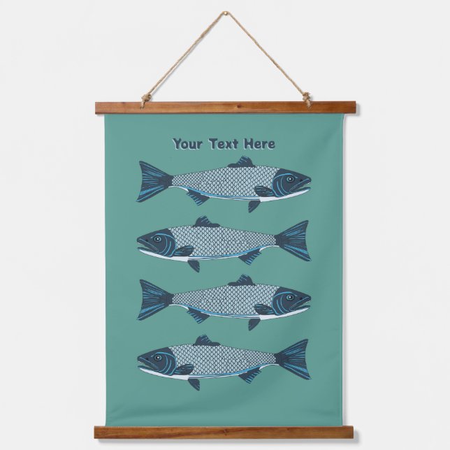 Blaue Folkloretrout/Lachs Wandteppich Mit Holzrahmen (Vorderseite)