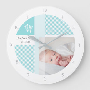 Blaue Foto-Geburts-Memento-Gingham-Abdrücke Große Wanduhr