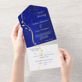 Blaue Fotomontage aus Gold Leaf in einer Hochzeit All In One Einladung