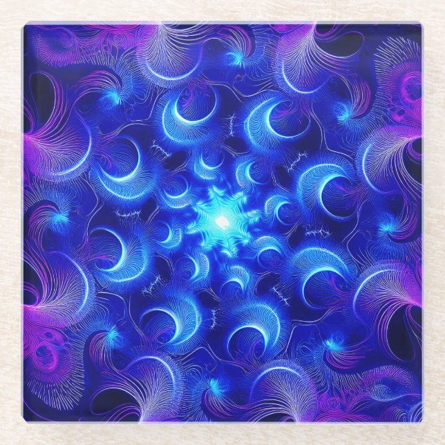 Blaue Fraktale des Halbmonds Glasuntersetzer (Vorderseite)