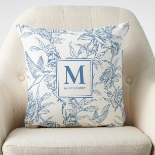 Blaue französische Toile de Jouy mit Monogramm-Nam Kissen