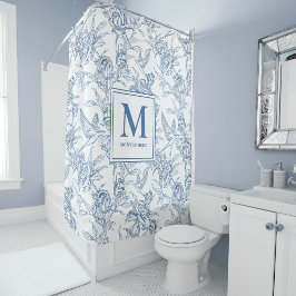 Blaue französische Toile de Jouy Monogramm Duschvorhang