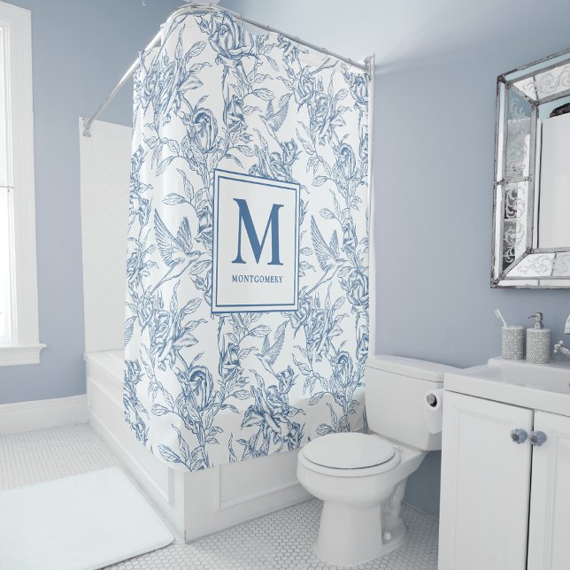 Blaue französische Toile de Jouy Monogramm Duschvorhang (Von Creator hochgeladen)
