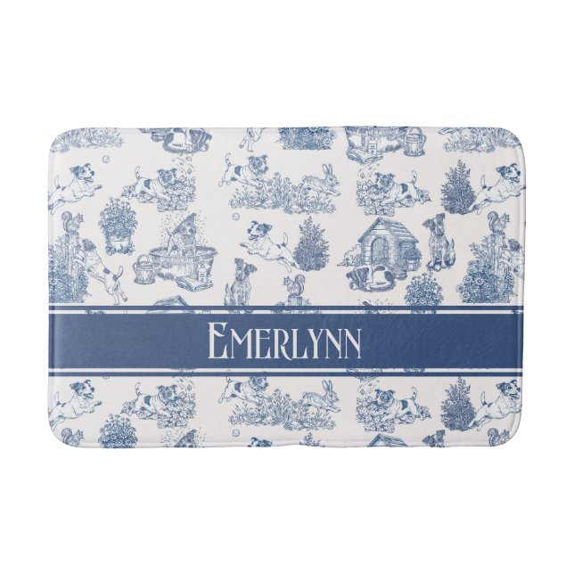 Blaue französische Toile-Hund-Monogramm-Dekoration Badematte (Vorderseite)