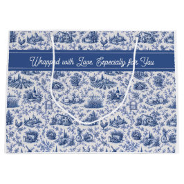 Blaue französische Toile-Land-Rosen-Zweig-Name Große Geschenktüte