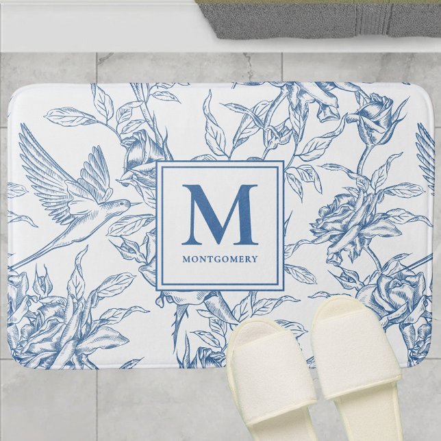 Blaue französische Toile Monogramm Name Badematte (Von Creator hochgeladen)