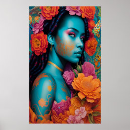 Blaue Frau mit Spiralhaar Poster