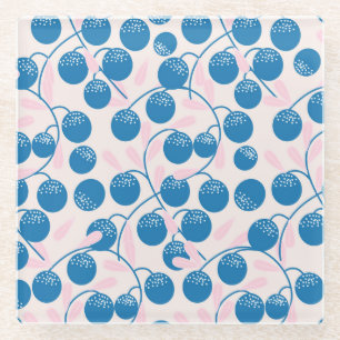 Blaue Früchte, rosa Blätter, nahtloses Design. Glasuntersetzer