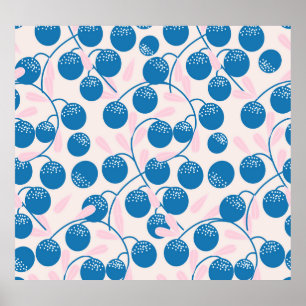 Blaue Früchte, rosa Blätter, nahtloses Design. Poster