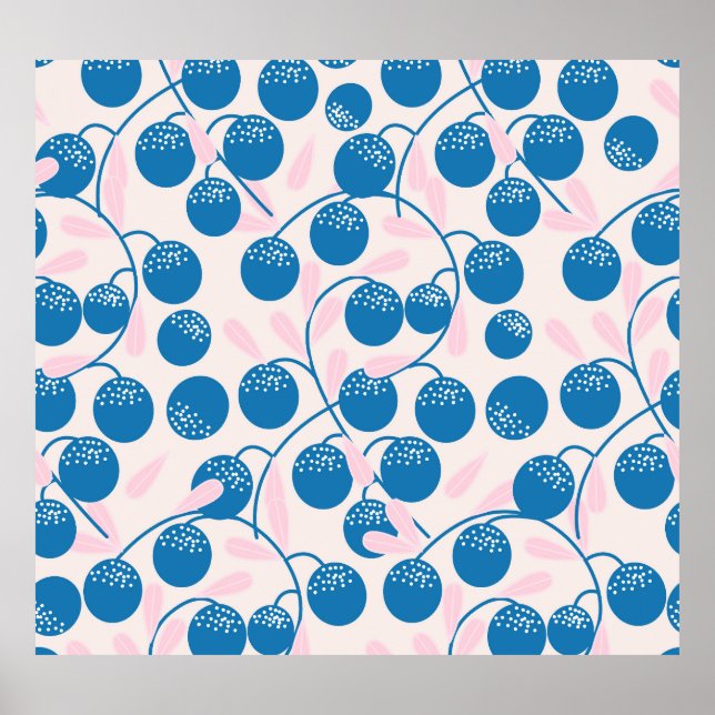 Blaue Früchte, rosa Blätter, nahtloses Design. Poster (Vorne)
