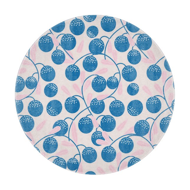 Blaue Früchte, rosa Blätter, nahtloses Design. Schneidebrett (Vorderseite)