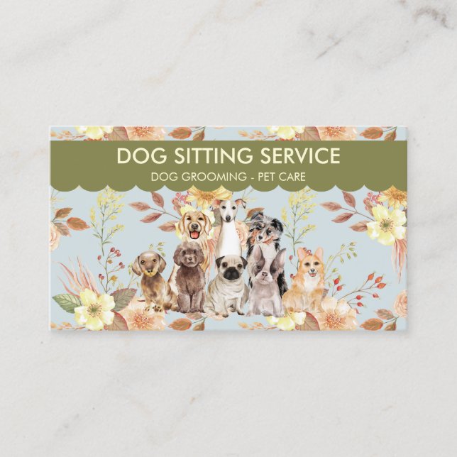 Blaue Frühlingsblumen Wasserfarben Hunde Visitenkarte (Vorderseite)