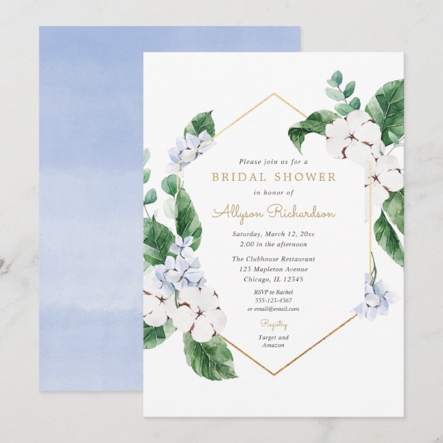 Blaue Frühlingsflorchen Goldrahmen Brautparty Einladung (Vorne/Hinten)