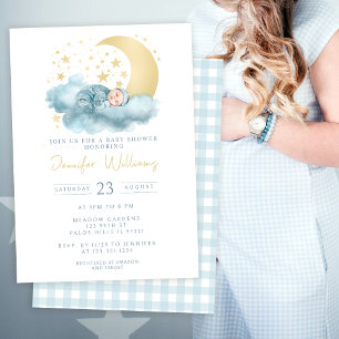 Blaue funkelnde Mond Sterne Baby Junge Shower-Einl Einladung