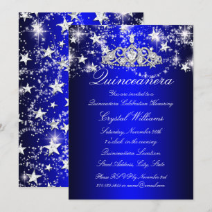 Blaue Funkelnde Tiara & Sterne Quinceanera Einladung
