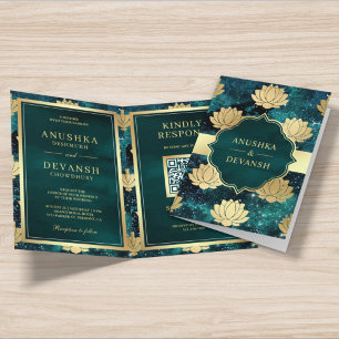 Blaue Galaxie Gold Lotus QR Code Indische Hochzeit Einladung