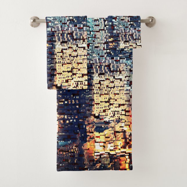 Blaue Gebäude im Mosaikstil mit Relief Badhandtuch Set (Insitu)
