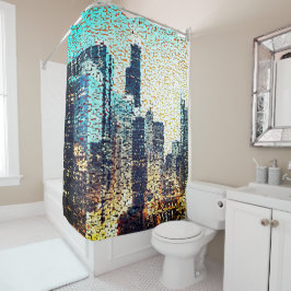 Blaue Gebäude im Mosaikstil mit Relief Duschvorhang