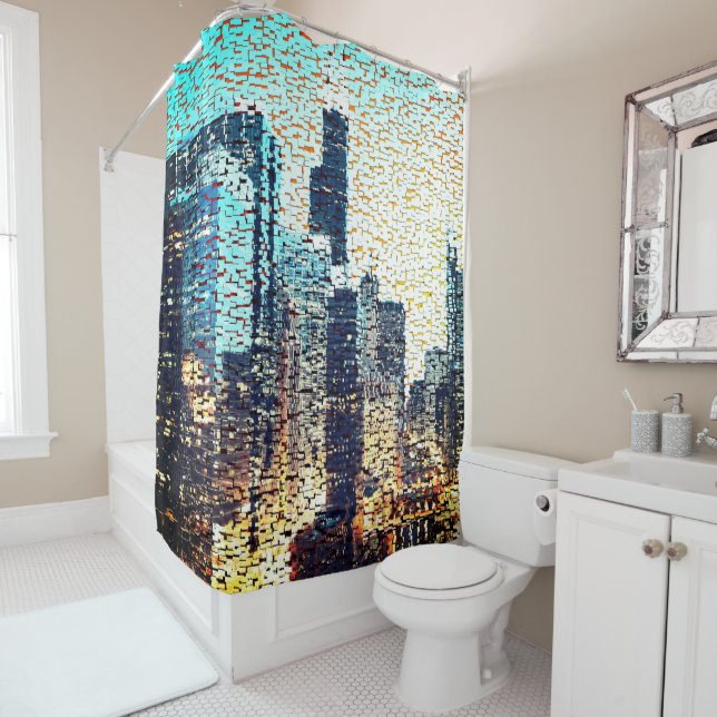 Blaue Gebäude im Mosaikstil mit Relief Duschvorhang (Beispiel)