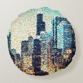 Blaue Gebäude im Mosaikstil mit Relief Rundes Kissen