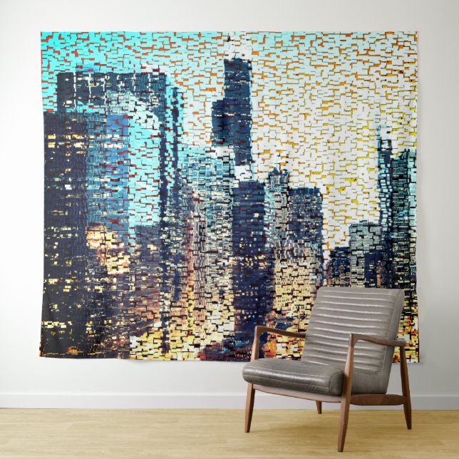 Blaue Gebäude im Mosaikstil mit Relief Wandteppich (Beispiel (Horizontal))