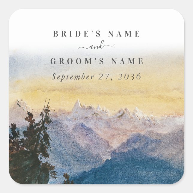 Blaue Gebirge Pine Wedding Quadratischer Aufkleber (Vorderseite)