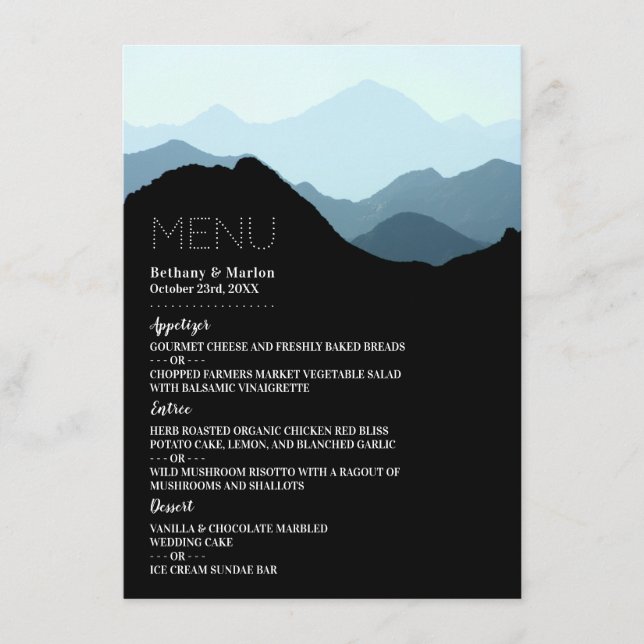 Blaue Gebirgskette, rustikale Hochzeit Menükarte (Vorderseite)