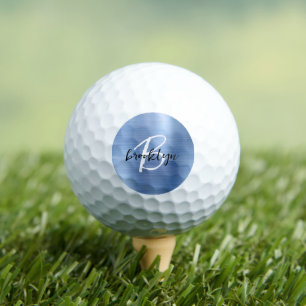 Blaue gebürstete Metall-Schwarz-Weiß-Schrift-Monog Golfball