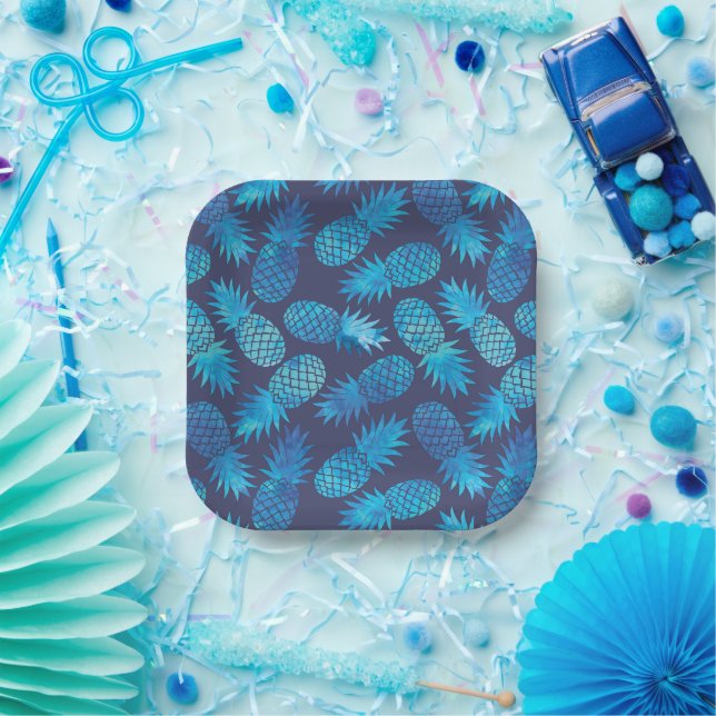 Blaue Gefärbte Krawatte Ananas Pappteller (Party)