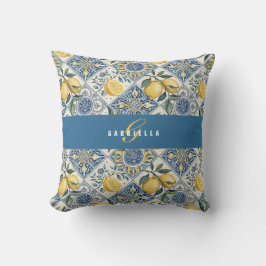 Blaue Gelbe Aquarell-Limonen-Monogramm-Name Kissen