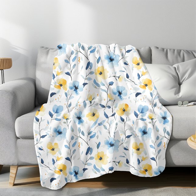 Blaue Gelbe Aquarell-Wildblume  Fleecedecke (Von Creator hochgeladen)