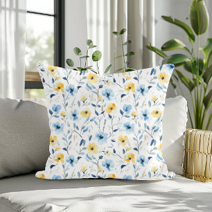 Blaue Gelbe Aquarell-Wildblume  Kissen