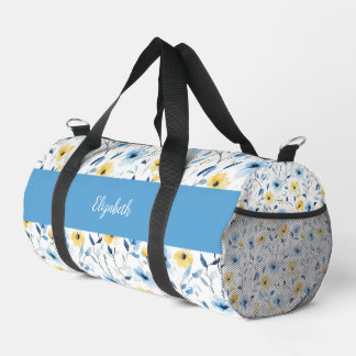 Blaue Gelbe Aquarell-Wildblumen-Monogramm Duffle Bag