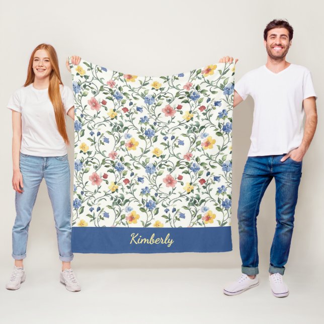 Blaue Gelbe Aquarell-Wildblumen-Monogramm-Name Fleecedecke (Beispiel)