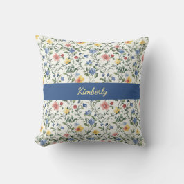 Blaue Gelbe Aquarell-Wildblumen-Monogramm-Name Kissen