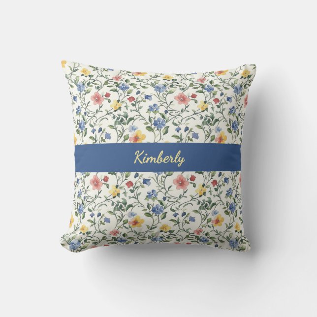Blaue Gelbe Aquarell-Wildblumen-Monogramm-Name Kissen (Vorderseite)