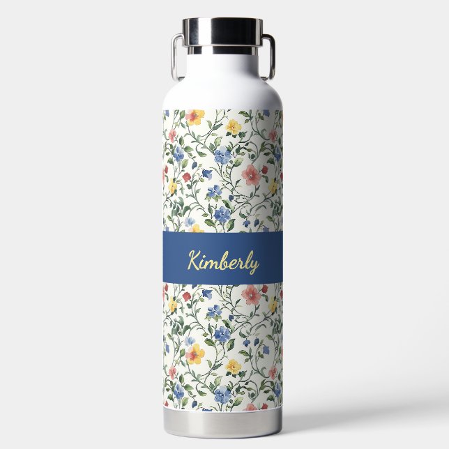 Blaue Gelbe Aquarell-Wildblumen-Monogramm-Name Trinkflasche (Vorderseite)