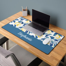 Blaue Gelbe Aquarell-Zitrone-Monogramm-Name Schreibtischunterlage