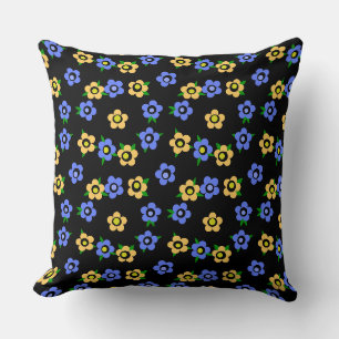 Blaue gelbe Blumen auf schwarzem Hintergrund Retro Kissen