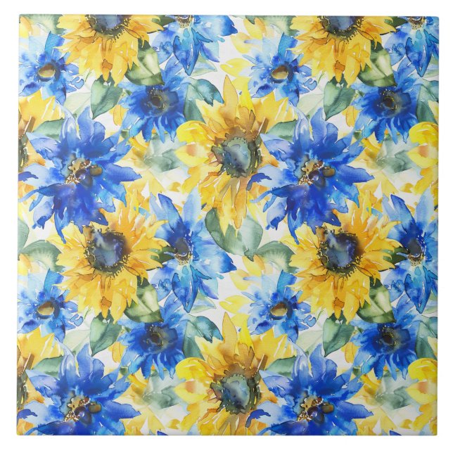 Blaue gelbe Blumen Fliese (Vorderseite)