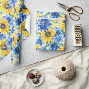 Blaue Gelbe Blumen Geburtstag Geschenkpapier
