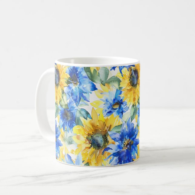 Blaue Gelbe Blumen Kaffeetasse (Vorderseite Links)