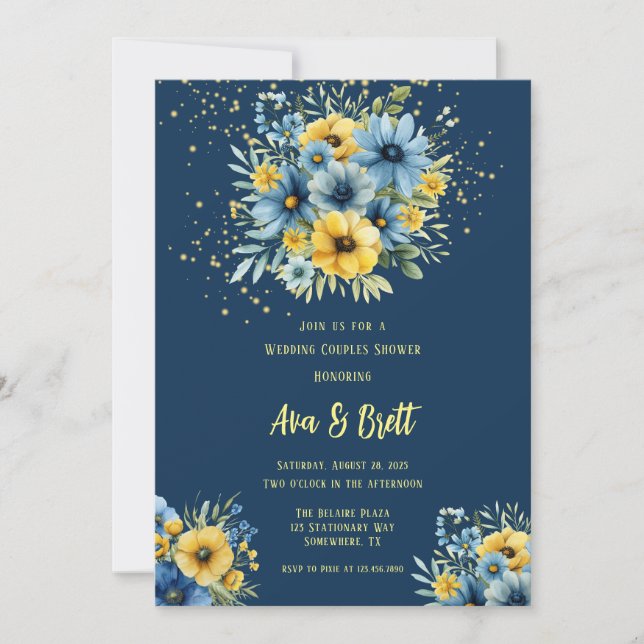 Blaue gelbe Blütenblume Gold Hochzeitsdusche Einladung (Vorderseite)