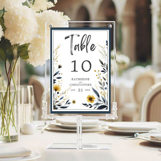 Blaue gelbe Blütenform Hochzeit Tischnummer (Blue Yellow Wildflowers Wedding Elegant Formal Table Number.)