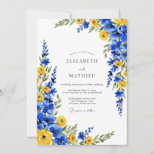 Blaue Gelbe Botanische Romantische Hochzeit Einladung