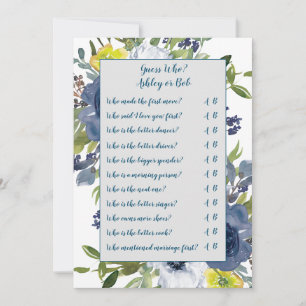 Blaue gelbe florale Brautparty-Spielkarte Einladung